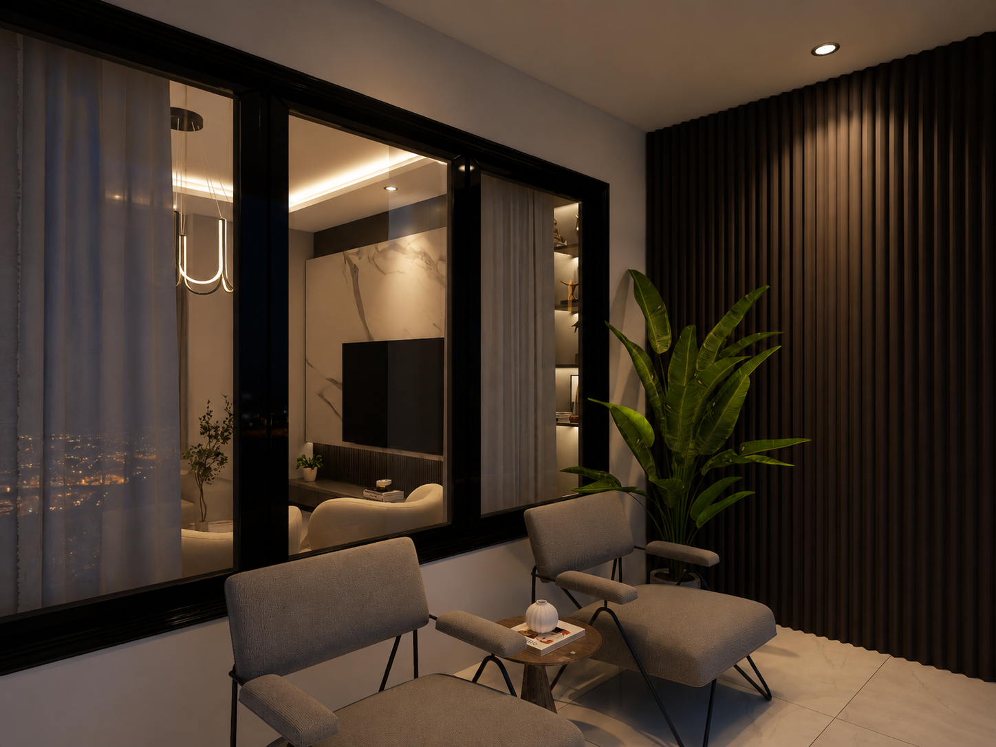 The Meridian condo balcony, night